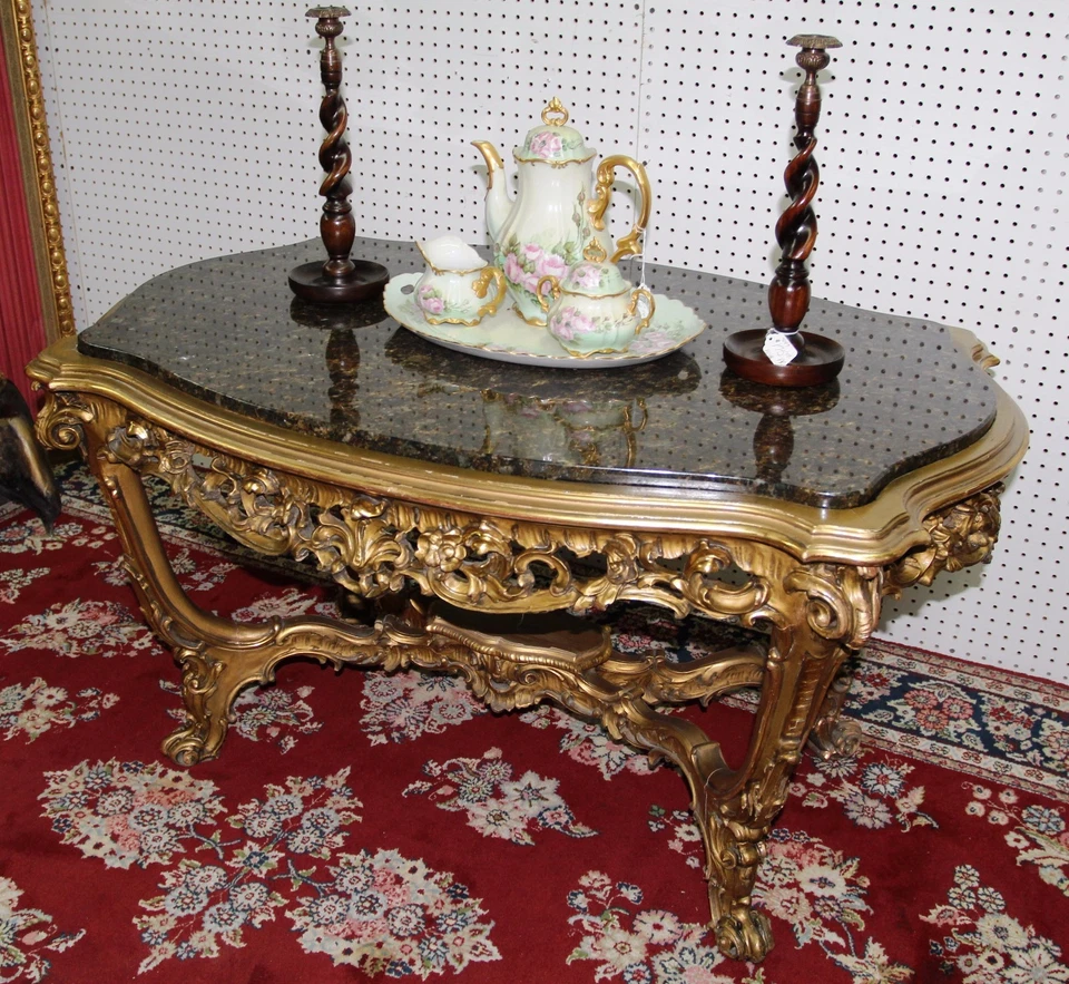 Mesa de centro francesa antigua tallada Luis XV dorada tapa de granito C1860 Foto 2 de 4