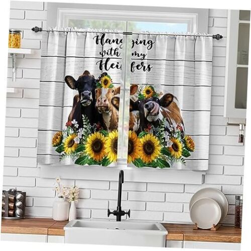 Sunflower Cow Farmhouse Kitchen Curtains: Farm Funny 28"x36" Sunflower 5