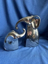 Pier 1 Silver Metallic Elephant Mother And Baby Figurines With Original Stickers