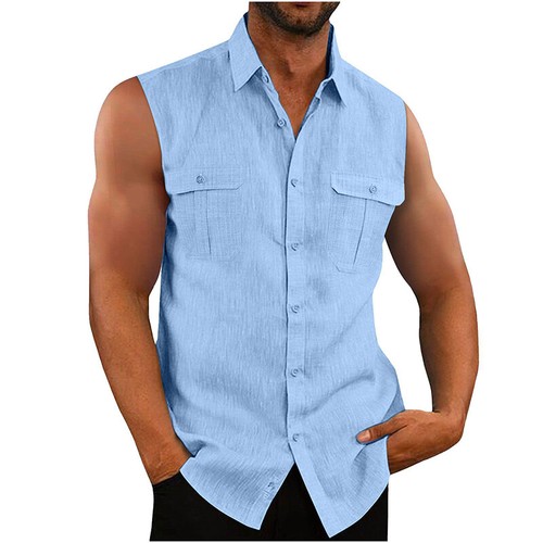 Men's Sleeveless Button Down Shirt With Chest Pockets Breathable Tank-Top Vest ∂ - Picture 6 of 19