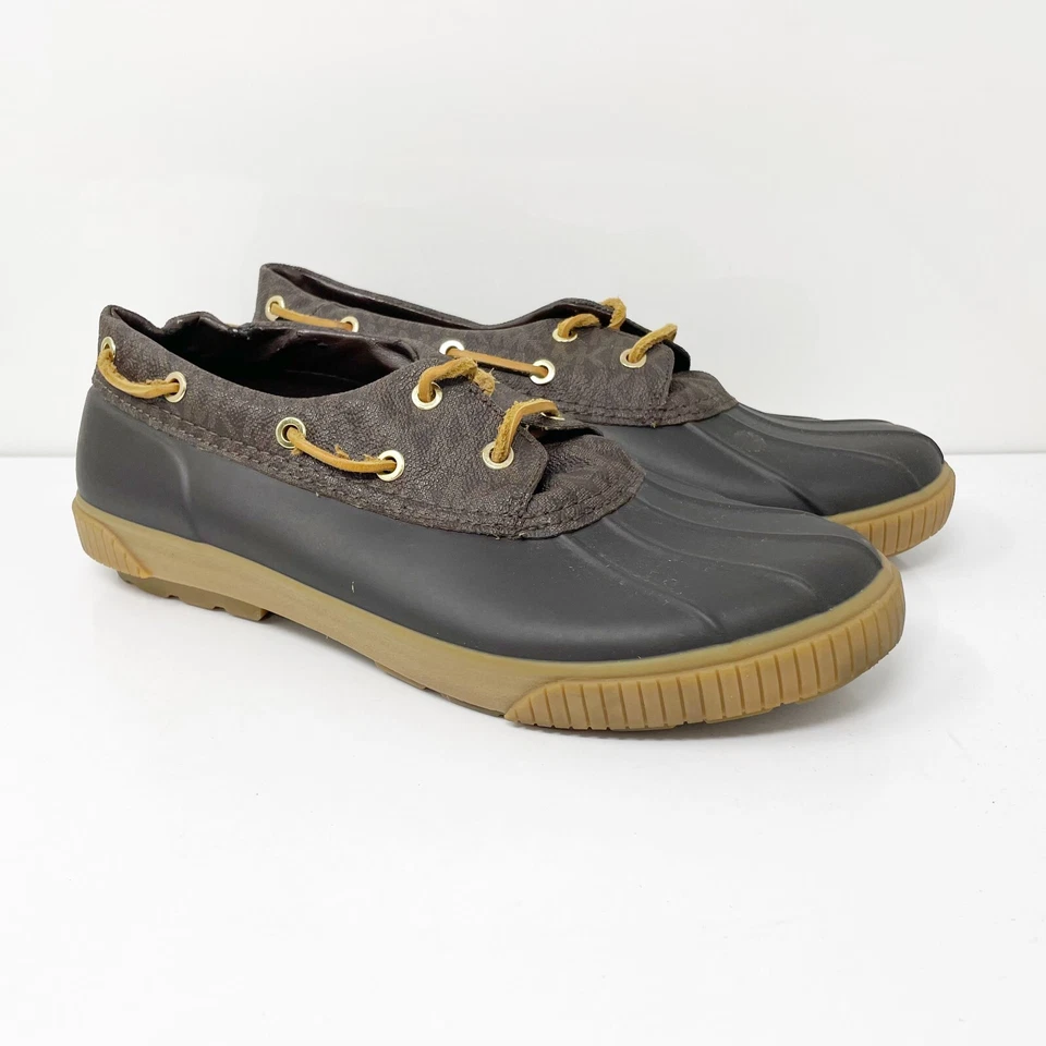 Michael Kors 女式 Hyde 棕色皮革圆头系带雨靴 11 码 — 第 2/4 张图片