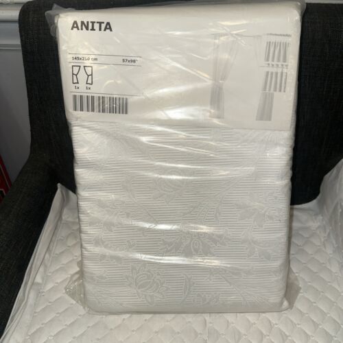 IKEA Anita Floral Curtains White Raised Jacquard Flower Pattern W/Tie-Back NEW