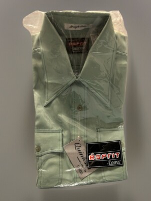 Esprit Campus Green 1970 s Pointy Collar Men s L Long sl Button Down New Costume