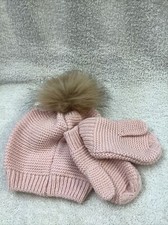 INFANT PINK KNIT HAT  MITTENS FUR POM EDGEHILL COLLECTION NWT ORG 20