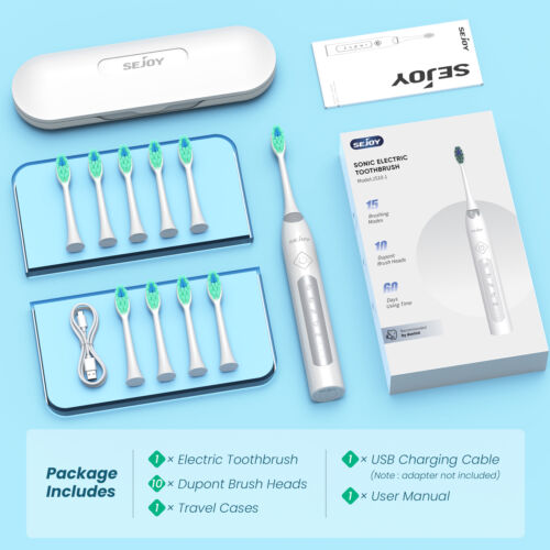 SEJOY Sonic Electric Toothbrush Rechargeable Travel Case 5 Modes 10 Brush Heads - Picture 17 of 17