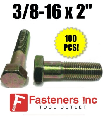(Qty 100) 3/8-16 x 2'' Hex Bolt Zinc Plated Grade 8 Cap Screw Partial Thread