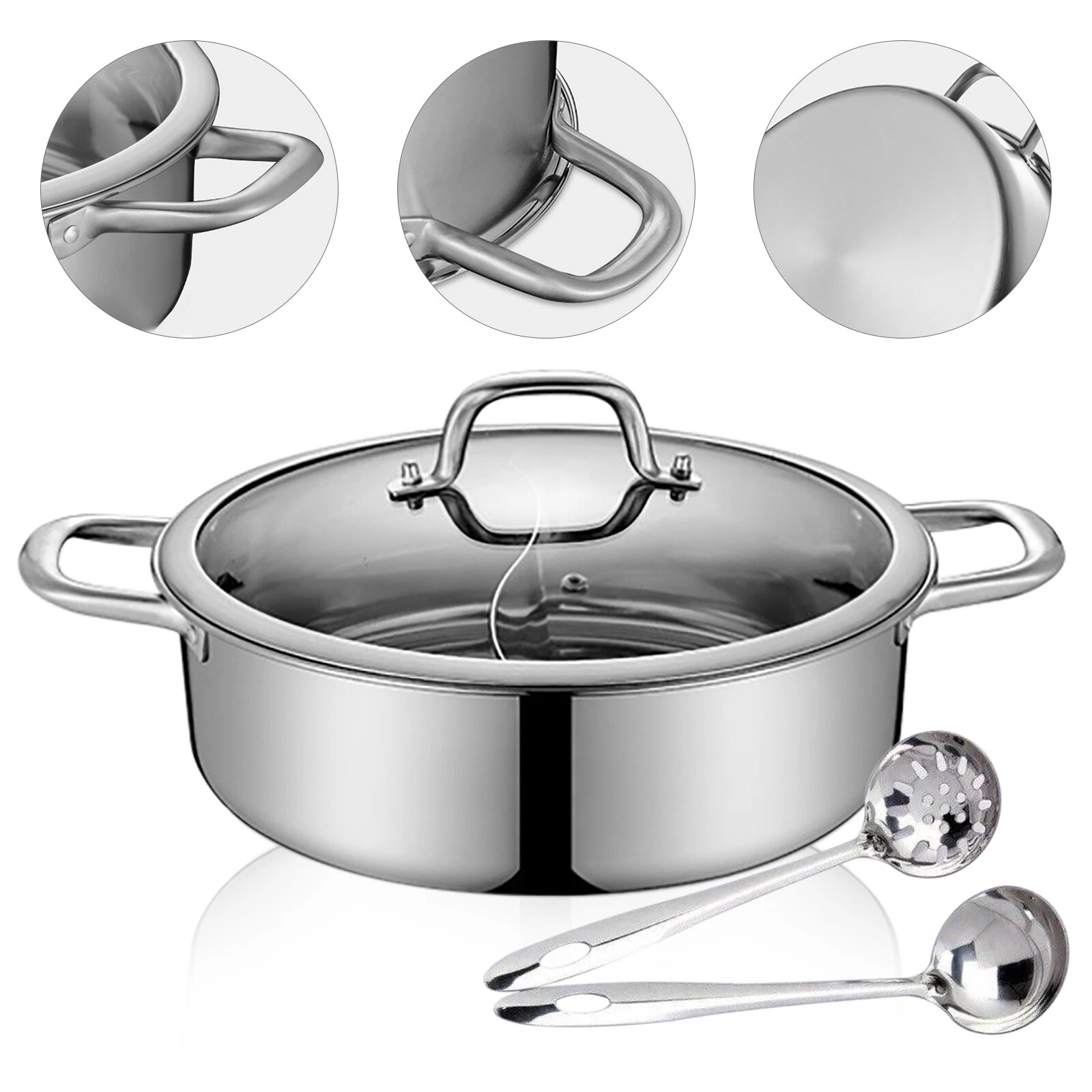 Stainless Steel Shabu Dual Sided Divider Cooking Soup Hot Pot Cookware with Lid