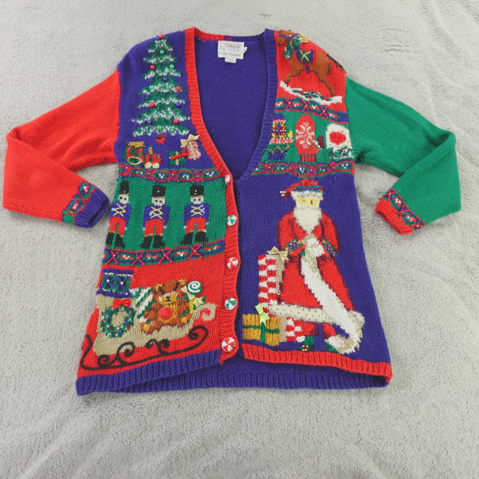 Talbots Christmas Sweater Womens Petite XS Hand Knit Vintage Cardigan