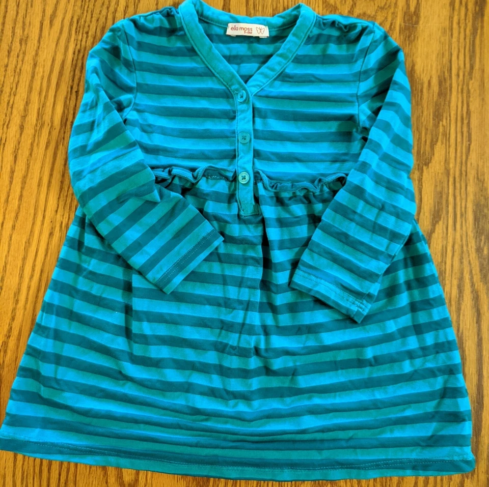NUEVO VESTIDO NIÑA 3-6M AZUL RAYAS MANGA LARGA MEZCLA ALGODÓN HECHO EN EE. UU. ELLA MOSS Foto 2 de 4