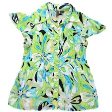 Babydoll New York Floral Pleated Flutter Sleeve Button Up Blouse Green Blue M