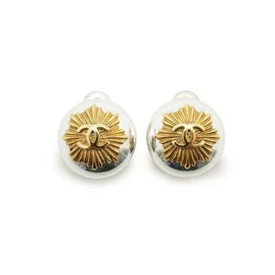 Boucles d'oreilles à clip Chanel Vintage avec motif Sole CC en or et... - Photo 1/4