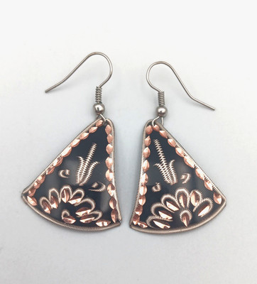 Copper Artisan Etched Flower Dangle Triangle Pierced Earrings Boho 2''
