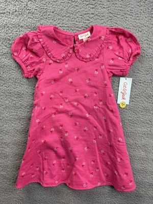 Cat & Jack Dress Girls 3T Pink Floral Gauze Puff Sleeve Ruffle Collar New