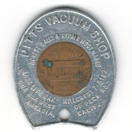 Pitt's Vacuum Shop ARCADIA, CALIF.----Encased 1962-D Lincoln Penny Cent Token