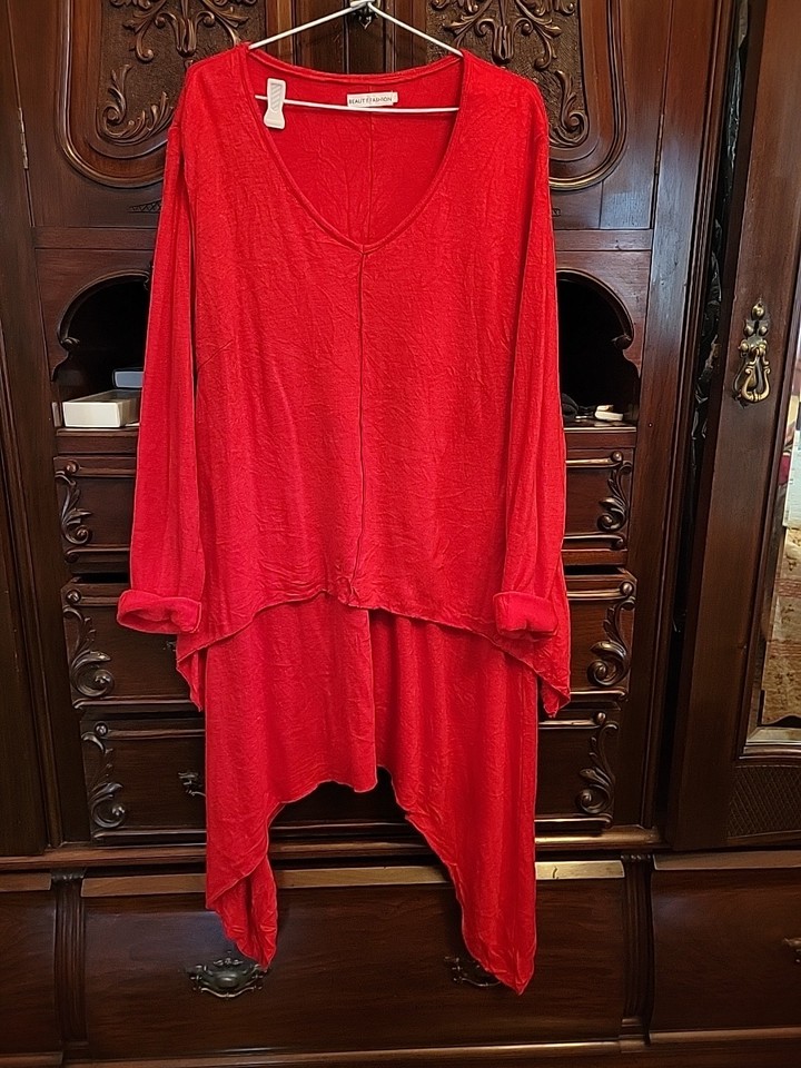 RED TUNIC TOP KNIT STRETCH XL 18 20 22 BEAUTE FASHION