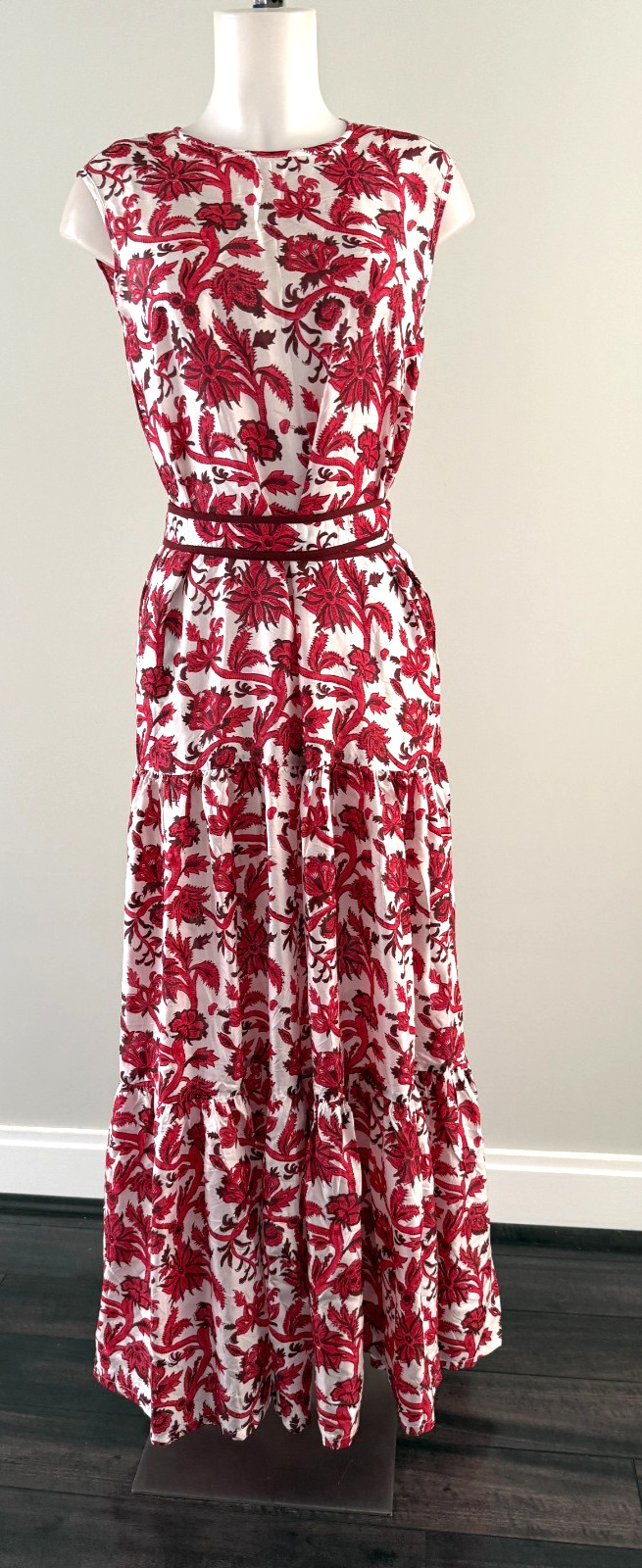 MALABAR COLLECTIVE Sleeveless Red Ivory Floral Silk Maxi Dress Size M