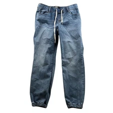 Rewash Mens Joggers Jeans Small Blue Denim Drawstring Tapered Leg Casual Pull On
