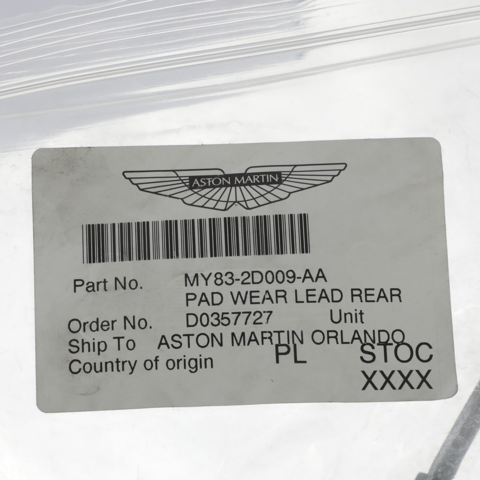 GENUINE ASTON MARTIN REAR BRAKE PAD WEAR LEAD OEM NEW MY83-2D009-AA