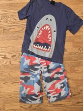 Mini Boden Shark Applique Tee Shirt Camo Baggies Shorts 9 10 Jaws Boys