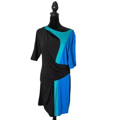 Color Block Ruched Cocktail Dress Cut Out Womens 12 Blue Green Stretch Party