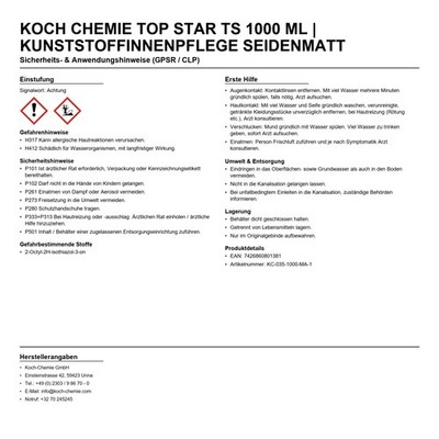 Kunststoffpflege Koch Chemie Top Star Ts 1000ml Kunststoffinnenpflege seidenmatt