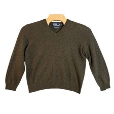 Polo Ralph Lauren Women V-Neck Sweater Olive Green 100 Lambswool Size L Logo