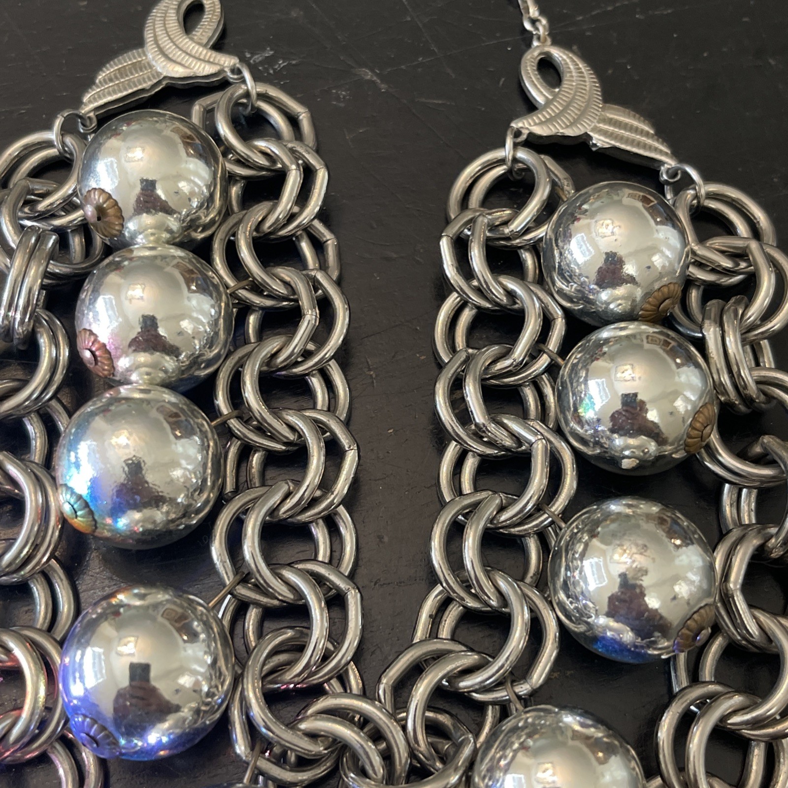 Statement Chunky Double Chain and Balls Necklace Silver Tone Collar Bib Choker