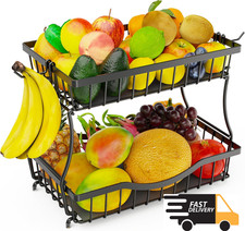 2 Tier Fruit Basket Black Metal w/ Banana Hangers Buy Now
