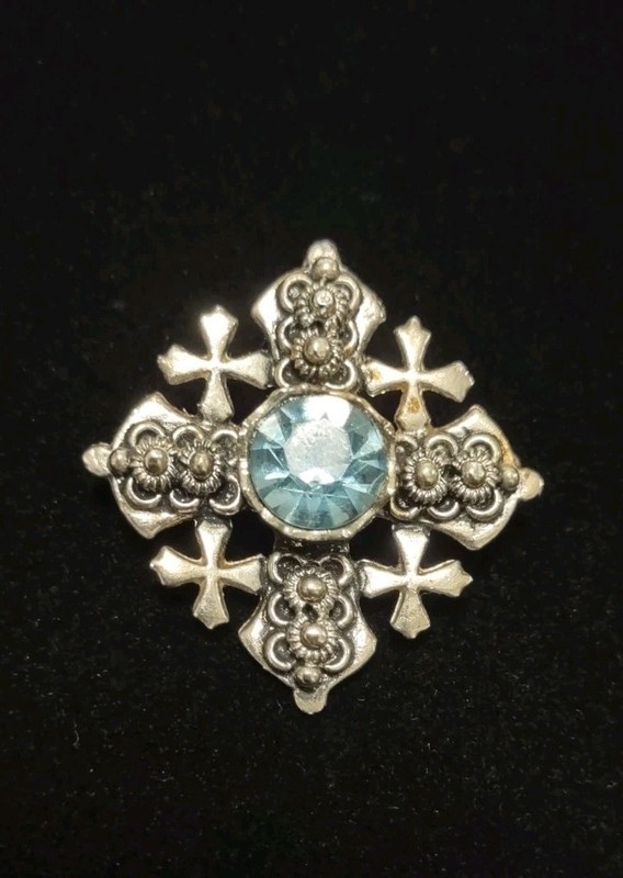Antique Solid Silver Blue Stone Set Jerusalem Jordan Cross Pendant Brooch 3.8cm