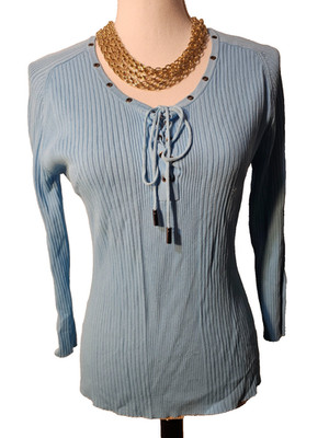 Vintage Cache Womens Blue Large Ribbed Knit Top V Neck Lace Up Eyelet Sweater