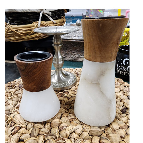 Vintage Alabaster and Wood Tealight Candle Holders -Pair- Made in Italy
