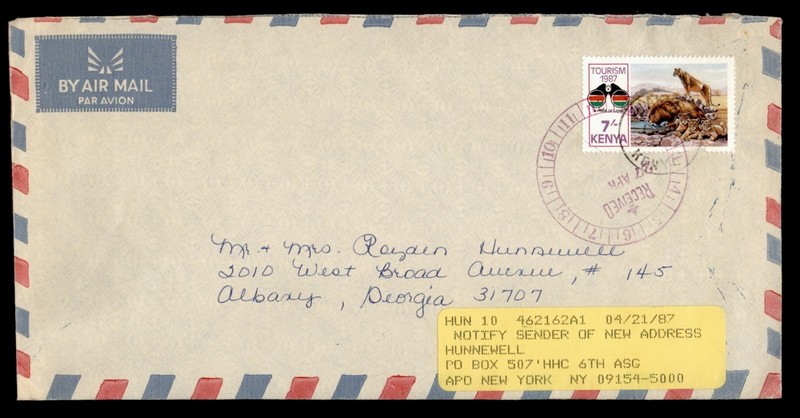 DR WHO 1987 KENYA 7.00 AIRMAIL TO USA FORWARDED TO APO 09154-5000 R77306
