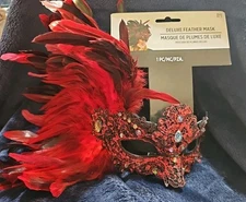 Red/Black Deluxe Embellished Lace Mask With Side Feathers New With Tags Shimmer