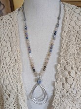 NWT J. Jill Blue  Neutral Beaded Pendant Necklace Adjustable Gray Cord