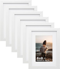 Set of 6 White Wooden 6x8 Picture Frames with 4x6 Mats for Table and Wall Displa