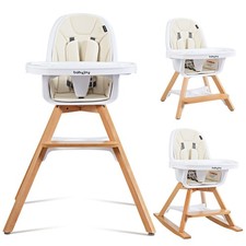 Costway 3-in-1 Convertible Wooden Baby High Chair w/ Tray Adjustable Legs Beige