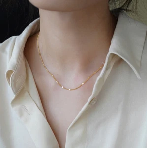 Femmes 18K Collier à chaîne plate en acier inoxydable plaqué or 16-18" PE11
