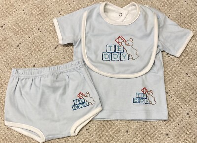 New Vintage Baby Boy Teddy Bear Outfit Light Blue Shirt, Diaper Cover & Bib 3-6M