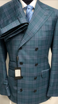 Green plaid 8 button Ariston double breasted wool suit with peak