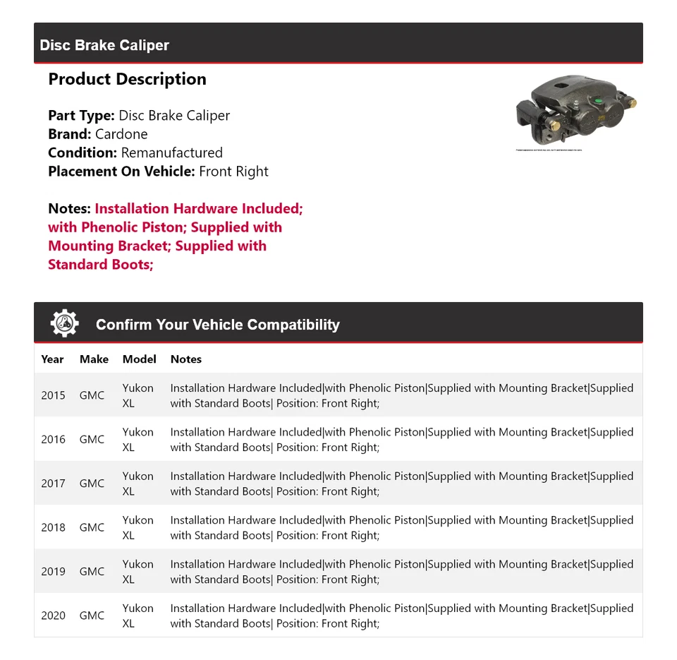 Pinza de freno de disco delantera derecha Cardone 2016 2017 2018 para GMC Yukon XL 2015-2020 Foto 2 de 4