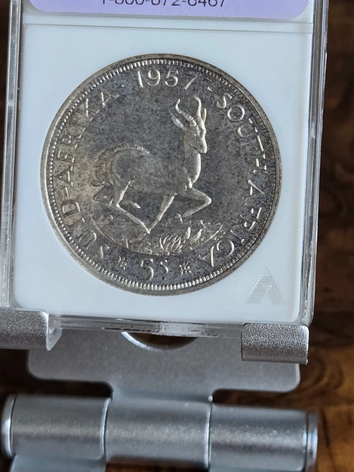 Sudáfrica 1957 plata 5 chelines ANACS PROOF 67 gema corona más baja eBay $ Foto 2 de 2