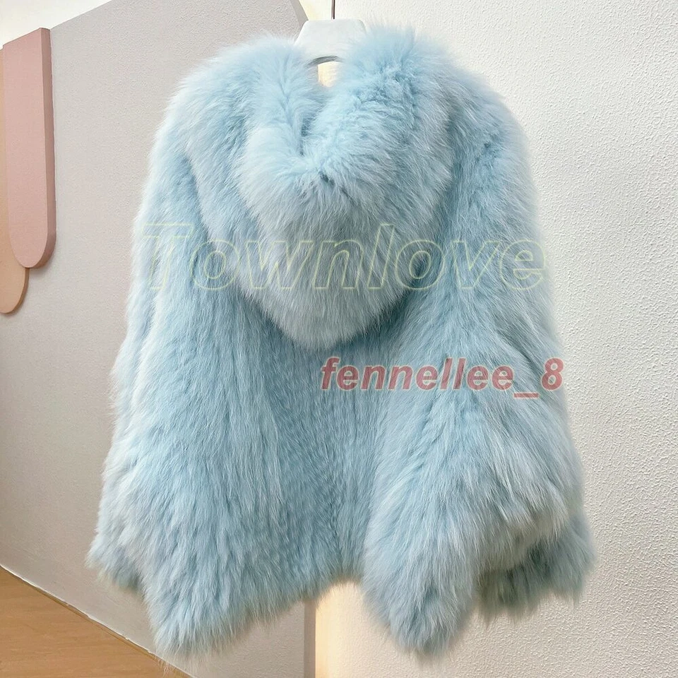Women Real Fox Fur Knitted Coat Hooded Bat Sleeve Baggy Jacket Warm Outwear Tops - Image 2 of 4