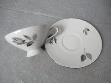 Cathedral Bavaria West Germany Footed Tea Cup w/Saucer Grey Roses On White e5 sb