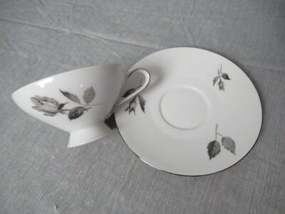 Cathedral Bavaria West Germany Footed Tea Cup w/Saucer Grey Roses On White e5 sb