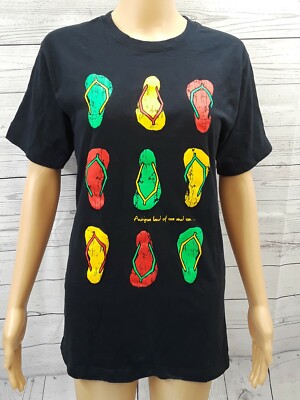 Antigua & Barbuda Land of Sea and Sun Black T Shirt Flip Flops Graphic Print S