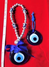 Lot of 2 Mati Greek Protection Evil Eye Turkish Blue glass beaded pendant charms
