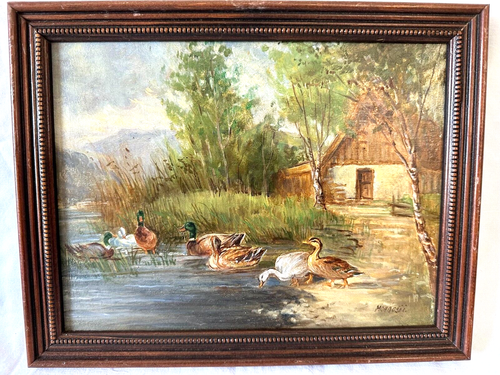 Vintage signiert Mohacsi i. Ölgemälde auf Holzplatte Entenfamilie - Bild 1 von 6