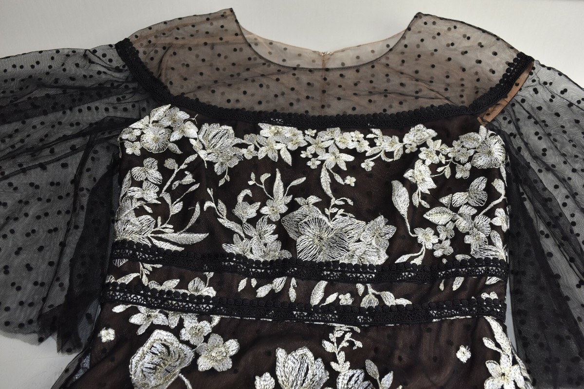 $1095 NEW Marchesa Notte Sheer Sleeve Gold Embroidered Gown Black Dress 2 6  8 12 | eBay