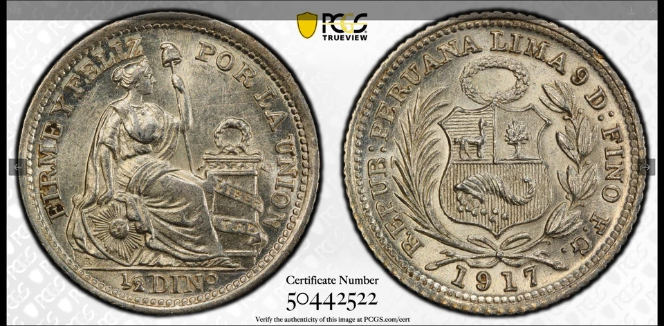 :1917 FG S1/2-DINERO PERU LIBERTY SEATED PCGS MS62 RARITY R6 HIGHEST-GRADES - Image 3 of 3
