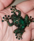 Vintage Frog Brooch Sparkly Green Stones